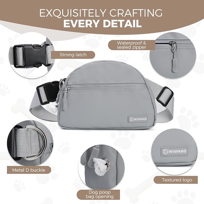 Dog Treat Pouch Pet Training Walking Fanny Pack with Built-in Poop Bag Dispenser & Waste Bag Holder | Stylish Puppy Training Essentials Supplies | Free Dog Clicker (Grey)