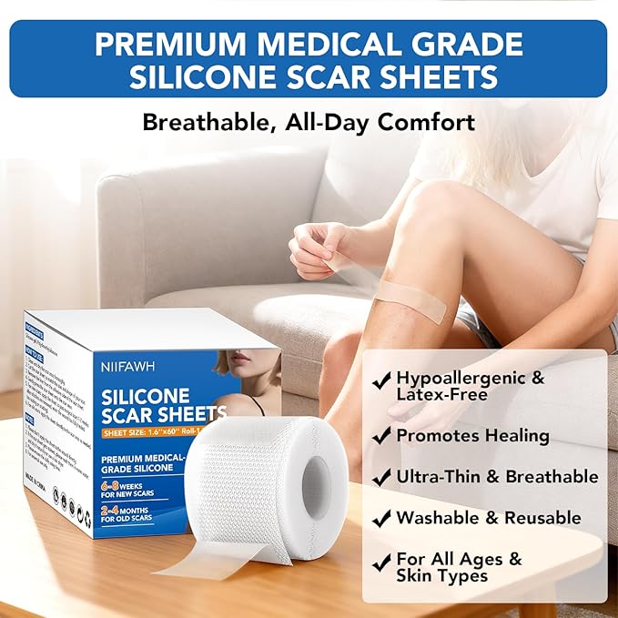 Clear Silicone Scar Sheets, Silicone Scar Tape(1.6"x 60" Roll-1.5M) - Reusable, Soft & Medical Grade Adhesive Tape for Old & New Scars, C-Section, Surgery, Keloid & Acne Scars