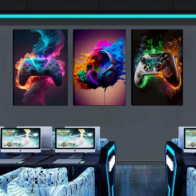 BGFCE Gaming Room Decor Canvas Wall Art Set of 3 - Cool Video Gaming Theme Wall Decor, Gamer Paintings Picture Print for Teen Boys Room 12x16 inch Framed