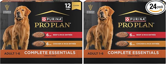 Purina Pro Plan Complete Essentials Wet Dog Food Chicken and Rice Entree and Beef-and Rice Entree Variety Pack - 13 oz. Cans,(Pack of 24)