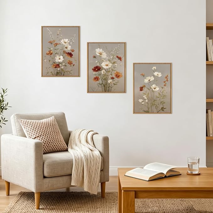 BINCUE Vintage Flower Wall Art Canvas Rustic Wildflower Artwork Neutral Botanical Wall Decor Framed Mid Century Floral Painting Farmhouse Daisy Prints for Living Room Bedroom Office 12"Lx16"W Set of 3