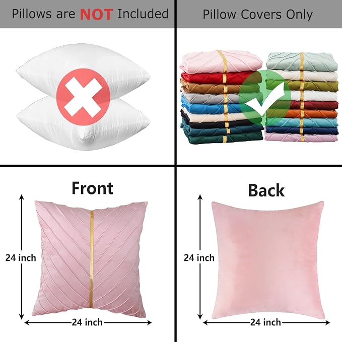 Velvet Throw Pillow Covers 24x24 Pack of 2 Gold Decor Blush Pink | Soft Solid Pillow Covers,Modern Luxury Home Decor,Valentine's Day Decor,Hidden Zipper,Ideal Gift,Easy Care