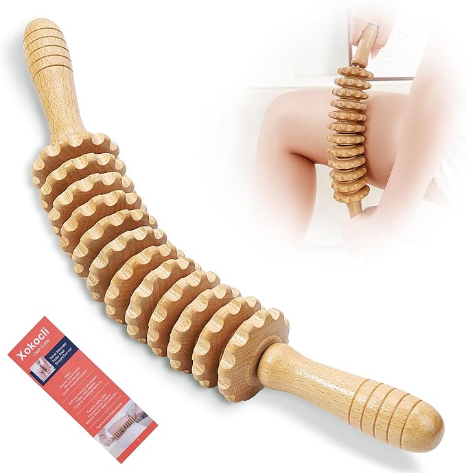 Xokocli Cellulite Massage Tool Wood Therapy Massage Tools Fascia Blaster Cellulite Roller Lymphatic Drainage Massager Deep Tissue Massage Stick for Legs Thighs Muscle Relief Recovery(White 12-Wheel)