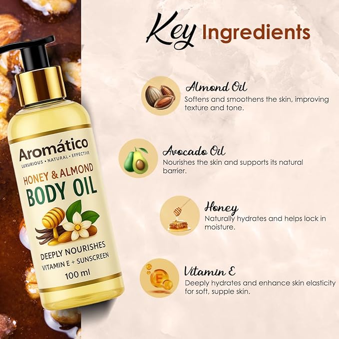 Aromatico Honey & Almond Mini Body Oil for Women. Dry Skin-Deep Hydration Formula for Glowing Skin in the Winters. Non-Sticky Texture, for Daily Use after Bath. Cozy & Creamy Fragrance - 4 fl Oz