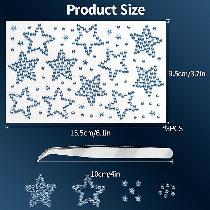 3 Sheers Self Adhesive Rhinestone Sticker Blue Acrylic Star Gem Stickers for Face Bling Star Crystal Sparkle Hair Jewels Pearls Diamond Crystal for Eye Face Body Party Independence Day Party Decor