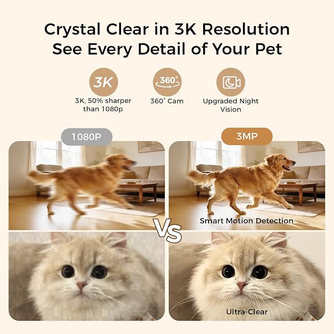 2026 3K Pet Camera Treat Dispenser, 32ft Remote Tossing for Dogs & Cats – Reduces Separation Anxiety, 360° View, Security Indoor Cam w/ Phone App, Barking Alerts, No Subscription, 5G WiFi, Robot M3