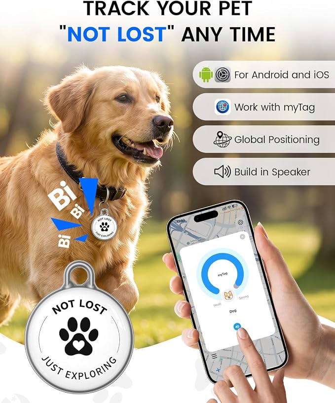 Pet GPS Tracker for Dog and Cat: No Subscription No Fee Small Tracking Tag for Dogs and Cats for Android and iOS - Waterproof Dustproof Smart Pets Trackers with Extra Long Battery Life of 360 Days