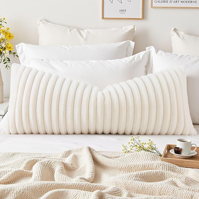 decorUhome Fall Faux Fur Throw Pillow Covers 14x36 Pack of 1 Cream White | Decorative Soft Cozy Striped Plush Modern Farmhouse Boho Couch Pillow Cases Velvet Back for Sofa Bed Living Room Home Decor