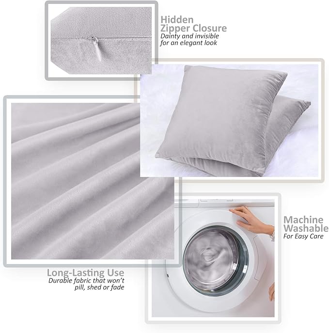 Nestl Throw Pillow Inserts Pack of 2 with Velvet Soft Solid Decorative Square Throw Pillow Covers Set for Sofa Couch Car Bedroom with 20X20 Throw Pillows Inserts with Cushion Covers, Grey Lavender