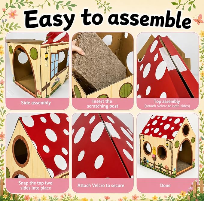 Cinrobiye Cardboard Cat House with Scratcher, Indoor Cat Condo Cat Cave Hideout with Scratch Pad, Cardboard Cat Playhouse Bed for Cats, Kittens, Rabbits & Small Pets (Mushroom)