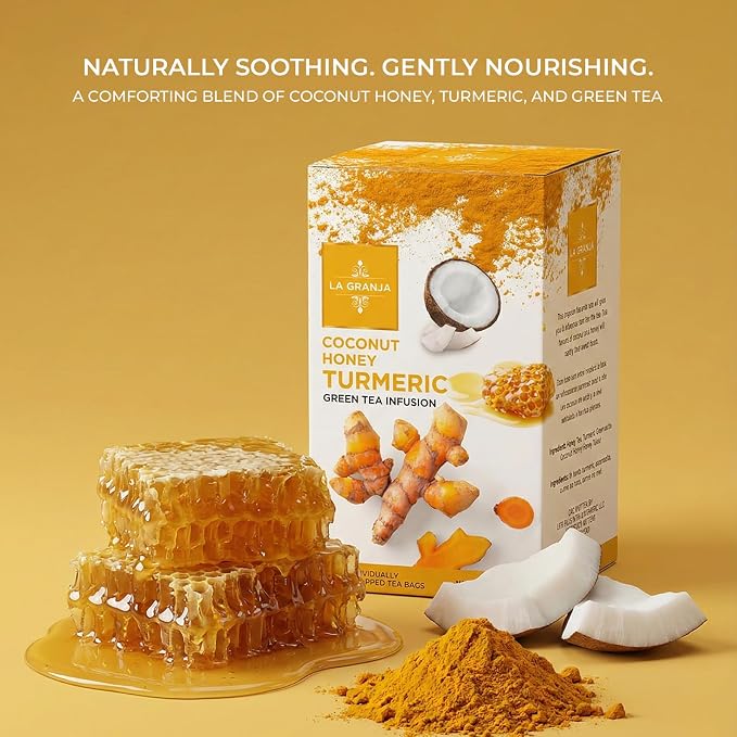 Life Plus Style Gourmet La Granja Coco Honey Green Tea 25 Individually Wrapped Tea Bags Turmeric Chamomile Coconut Honey Flavored Green Tea Refreshing Herbal Infusion Gift for Tea Lovers