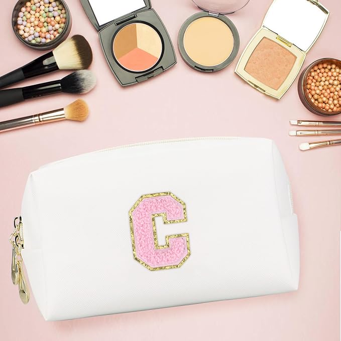 Initial Makeup Bag, Personalized Preppy Letter Monogram Cosmetic Bag | Waterproof PU Material, Compact Size, Large Capacity 7.09 x 2.95 x 3.94 in, Surprise Gift for Daughters and Teens