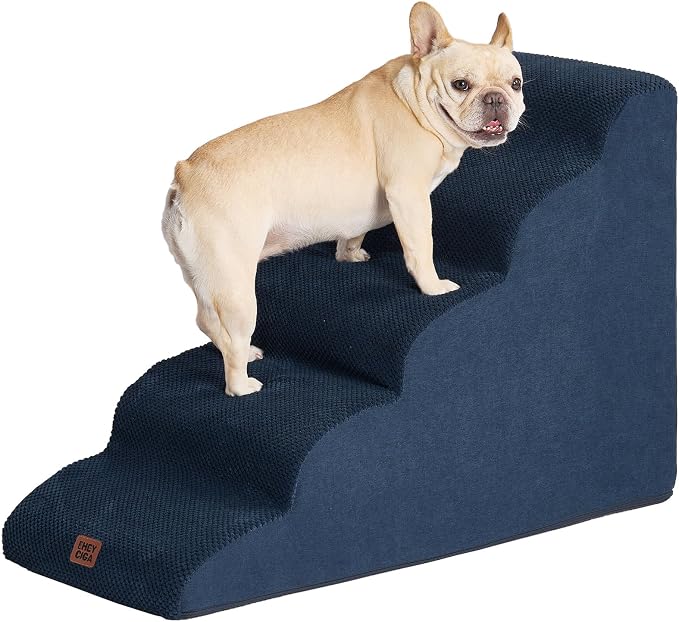 EHEYCIGA Curved Dog Stairs Ramp, 5-Step High Beds, 22.6" H Pet Step | 33D density of pure foam, for Small Dogs and Cats, Pet Stairs for High Bed Climbing, Non-Slip Balanced Indoor, Navy