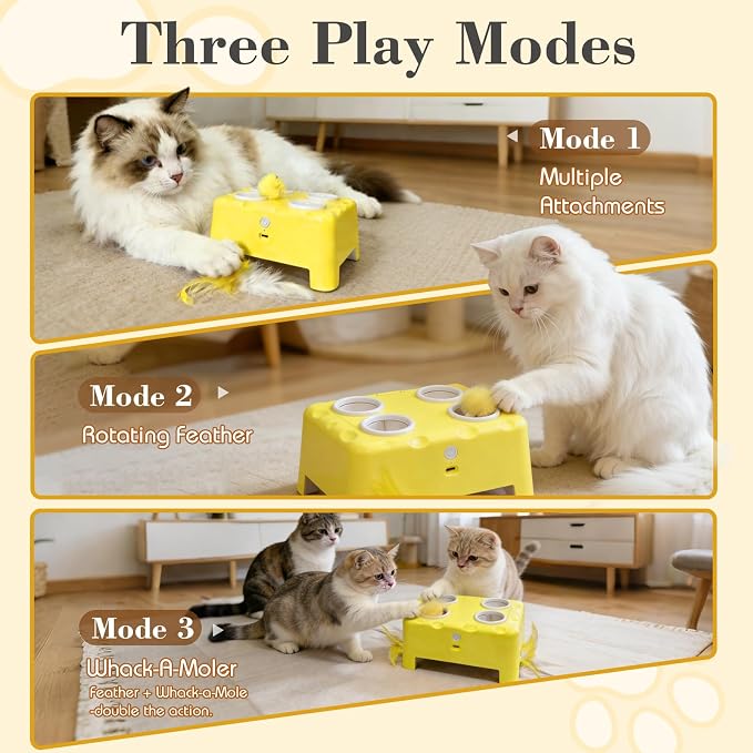 Cheese Box Interactive Cat Toy for Indoor Cats, 3-in-1 Whack a Mole Feather Toy, 3 Modes Rechargeable Auto Cat Toys for Bored Cats, 4 Holes Kitten Toy, 4 Accessories
