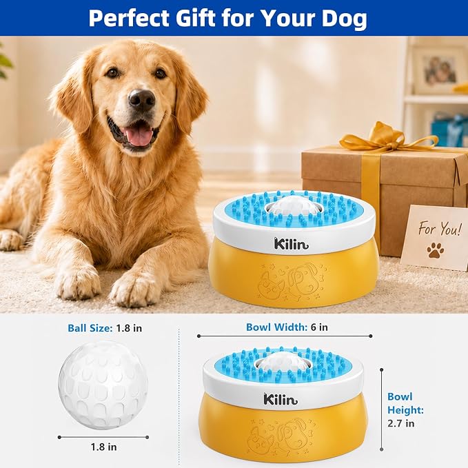 KILIN Slow Feeder Dog Licking Bowl with Rolling Ball,4 Non-Slip Pads,8fl oz