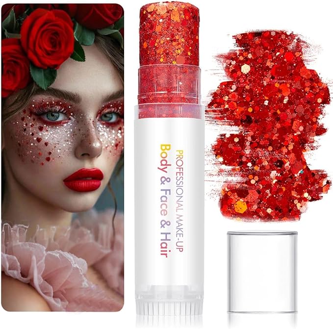 Body Glitter Stick Red Face Glitter Silver Brown Hair Glitter Christmas Face Paint Rave Makeup Glitter Festive Face Gems Halloween & Valentines Fine Chunky Glitter Stick for Women Girls 2Pack
