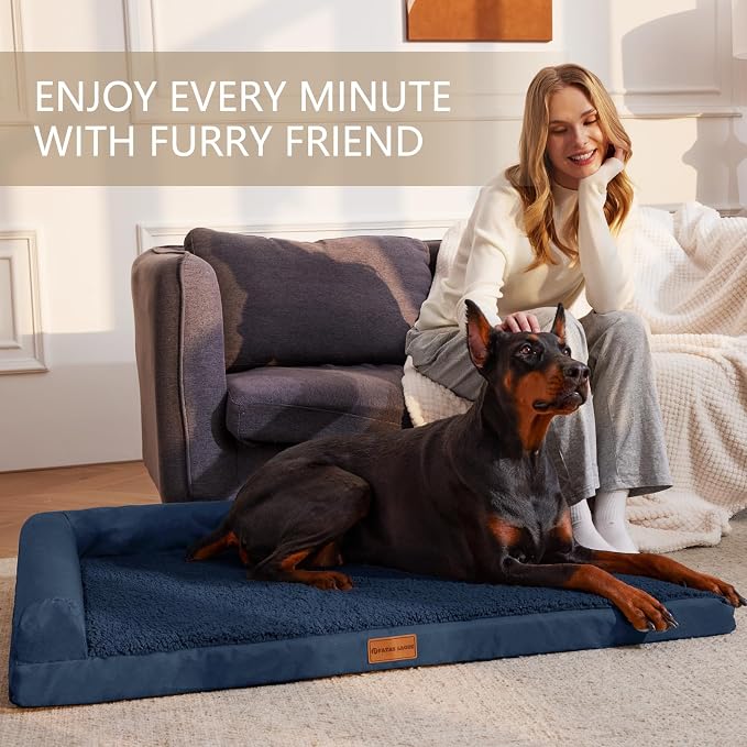Patas Lague Orthopedic Large Dog Bed Washable Pet Sofa Bed 42X28 Navy Blue | 2-Sided Bolster Egg-Crate Foam Dog Couch Large Sized Dogs, Waterproof Removable Washable Cover, Nonskid Bottom Pet Crate Mat