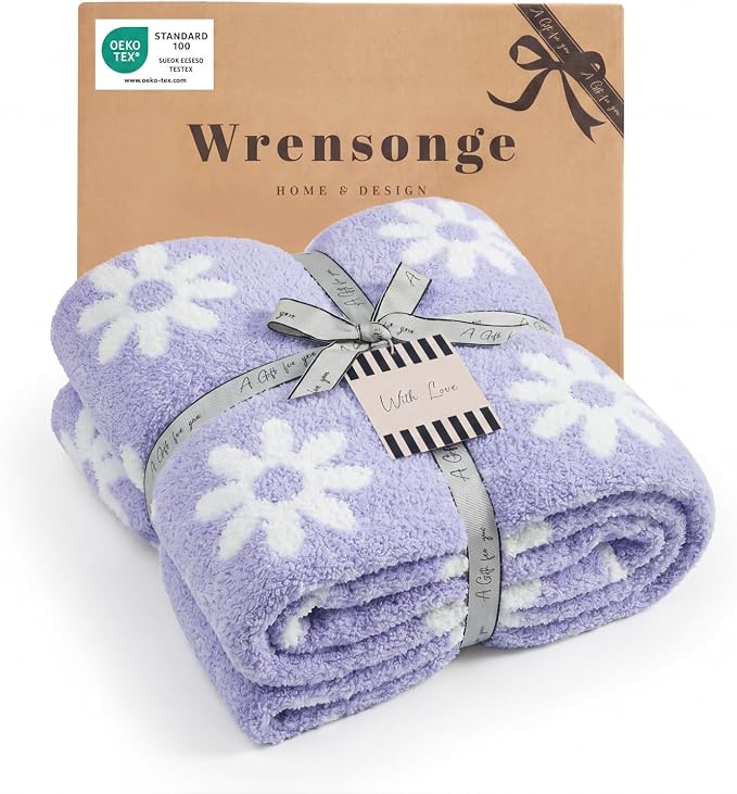 Soft Throw Blanket for Couch-Cozy Reversible Knitted Blankets | Lightweight Warm Fluffy Decor for Women, Mom, Her & Girls, Sofa, Chair, Bed, 50x70in, Daisy Floral Purple