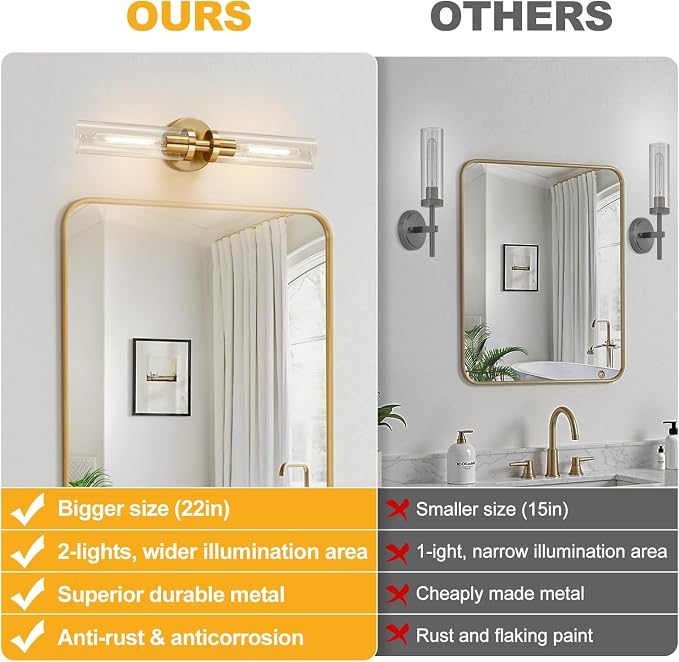 Indoi Brushed Gold Wall Sconces, Hardwired Bathroom Sconces Wall Lighting with Clear Glass, Modern Sconces Wall Light fixtures for Bathroom Mirror Living Room Hallway Bedroom