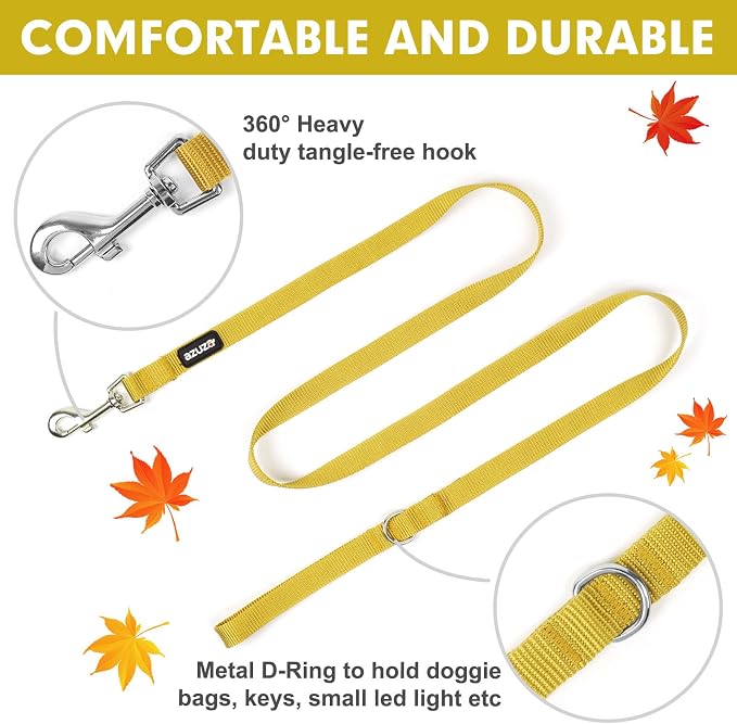 azuza Nylon Fall Dog Collar and Leash Set, Strong & Durable Basic Style Leash with Easy to Use Collar Hook, Available in Multiple Lengths for Small Dogs, Ginger Yellow,S