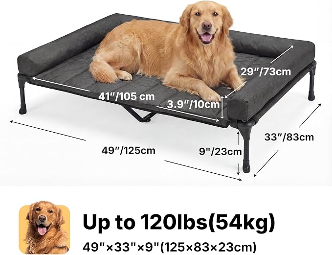 Veehoo Outdoor Elevated Dog Bed with Waterproof Bolster Cushion, Cooling | Raised Dog Bed with Removable & Washable Mat Topper, Breathable Mesh, Dog Couch Cot for Indoor Outdoor, 49", Large, Black