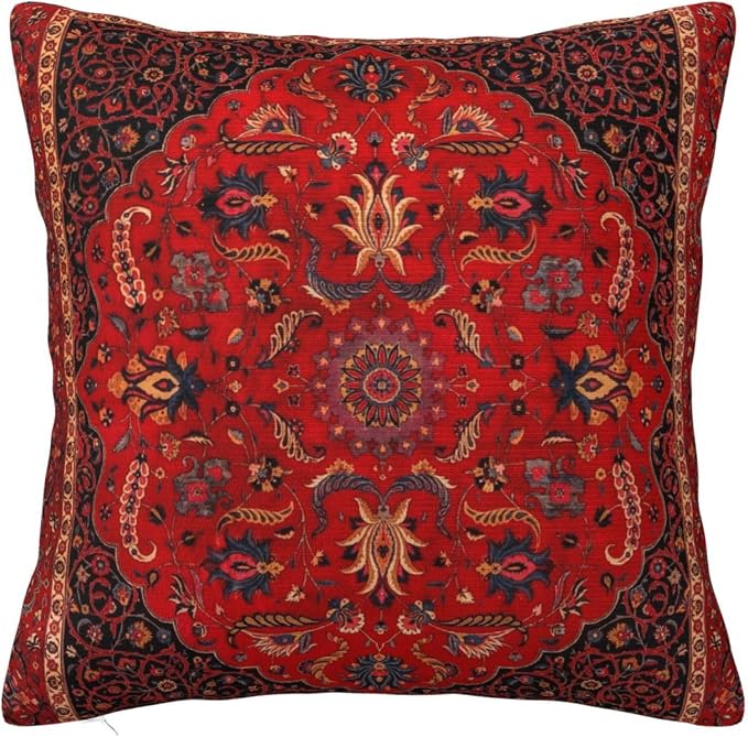 Antique Persian Rug Red Pillow Covers Decorative Square Throw Pillowcase 18x18 Inch Couch Cushion Cover for Home Decor Living Room Bedroom College Dorm Bed Car Sofa