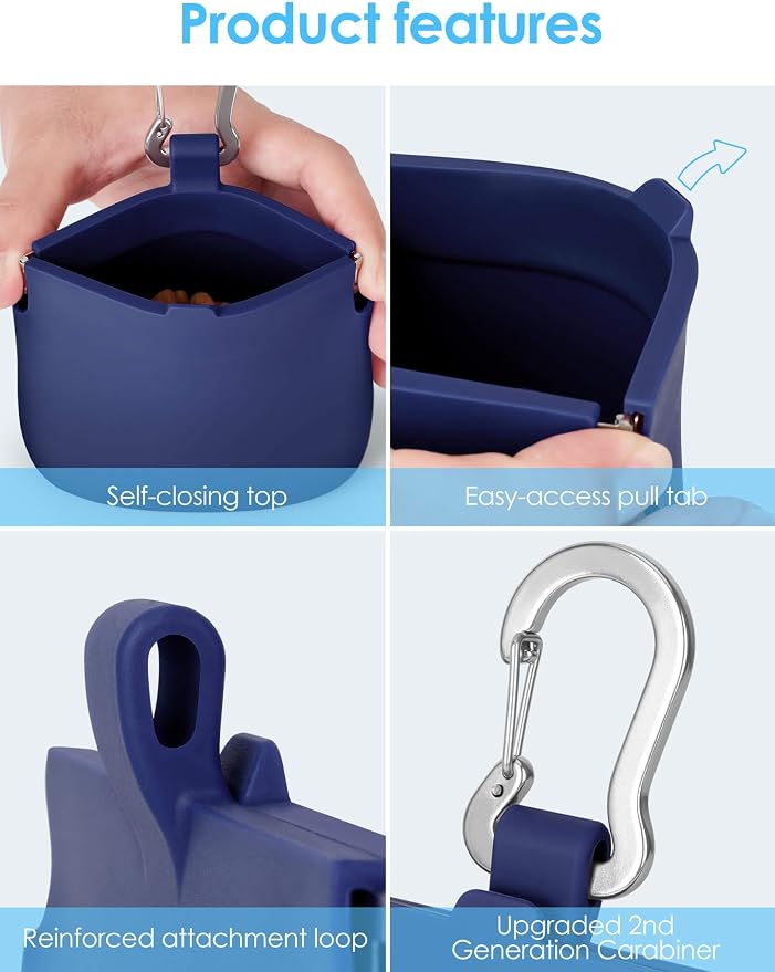 1 Cup Silicone Dog Training Treat Pouch (Blue) | Clip on Leash or Belt Loop, One-Hand Access with Pull Tab, Small Pocket Sized, Auto Closing Lid for Pet Training & Walking