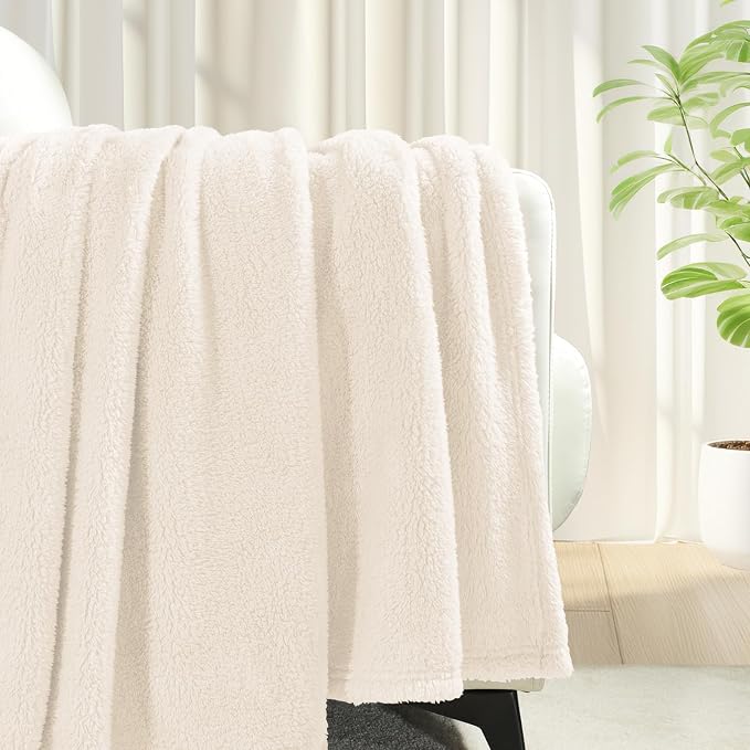 Exclusivo Mezcla Soft Plush Fleece Twin Size Blankets for Bed Living Room | Lightweight Fuzzy Fluffy Large Blanket for All Seasons, Cozy Velvet for Women Men, Machine Washable, 60"x80", Ivory