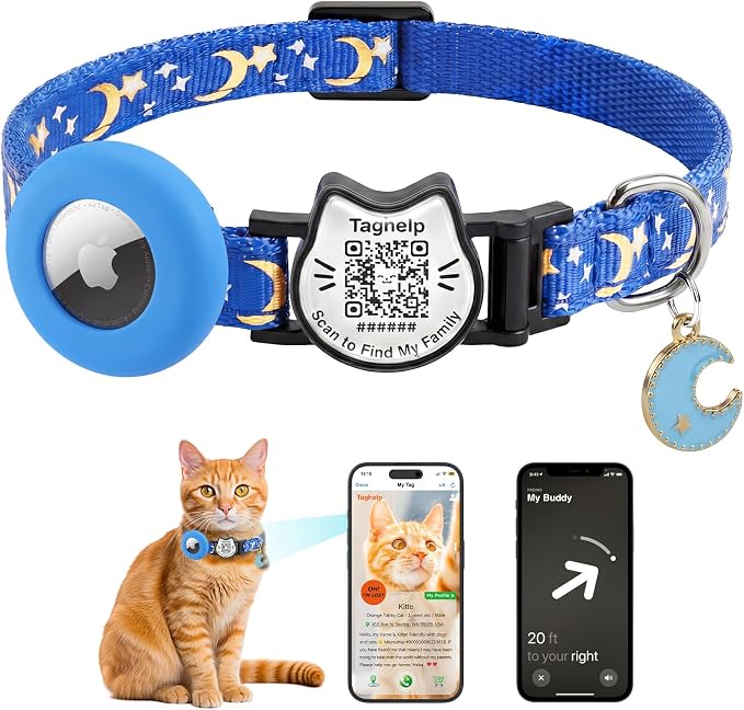 QR Code Cat Collar with Built-in AirTag Holder & Bell, Smart Pet ID with Online Profile, GPS Tracking Breakaway Collar for Cats & Puppies, Adjustable 7.5–12.5”, Blue