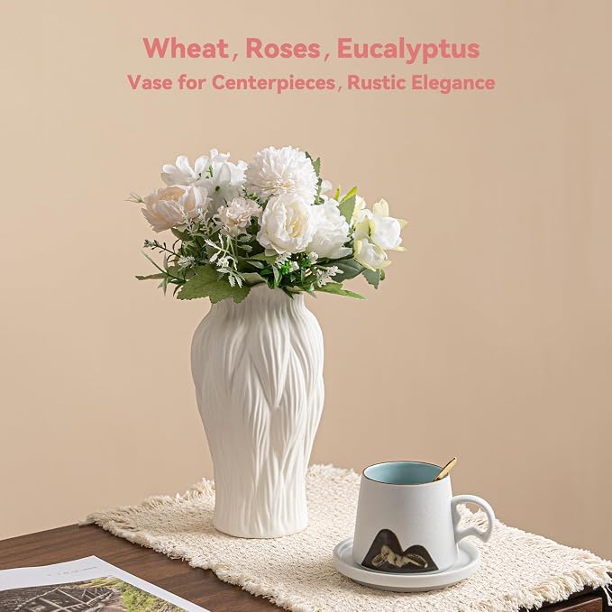 White Ceramic Vase with Reed-Inspired Texture - 9" Unique Flower Vase for Pampas Grass & Centerpieces, Decorative Boho/Farmhouse Vase for Living Room,Office Desk & Housewarming Gift (for Her/Yourself)