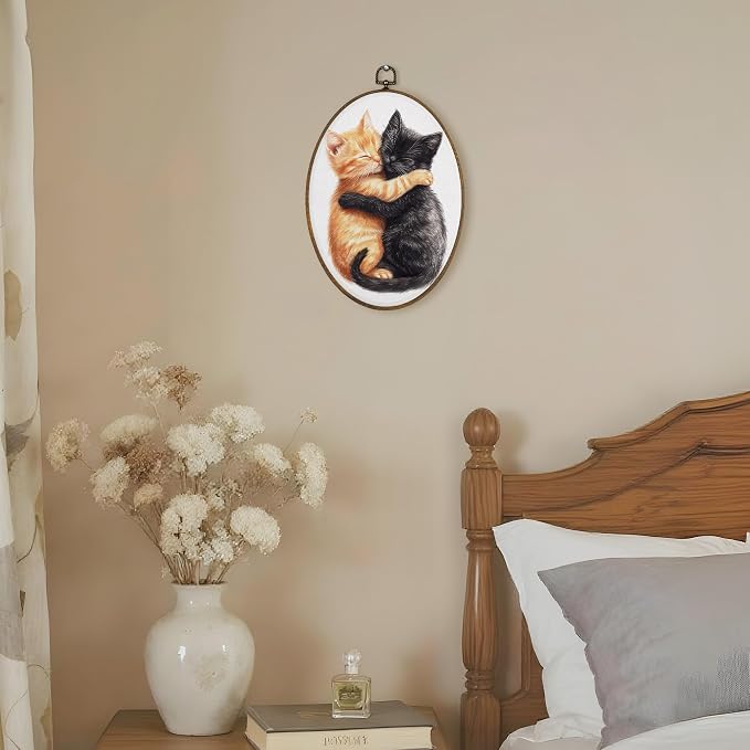 LKETW Orange and Black Cat Oval Wall Art Decor, Cute Tabby Cat Hugging Oval Canvas Hanging Decor, Kitten Wall Decorations for Home Bedroom Living Room Bathroom Office, 8.6x11.4 Inch