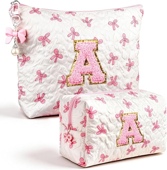 Initial Makeup Bag, Valentines Day Gifts for Women Teens Girls Birthday Gift Personalized Bow Cosmetic Bag, Quilted Cosmetic Travel Toiletry Pouch, Cute Makeup Organizer Teen Girl Gifts Trendy Stuff A