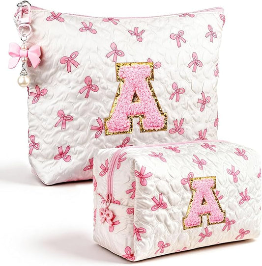 Initial Makeup Bag, Valentines Day Gifts for Women Teens Girls Birthday Gift Personalized Bow Cosmetic Bag, Quilted Cosmetic Travel Toiletry Pouch, Cute Makeup Organizer Teen Girl Gifts Trendy Stuff A