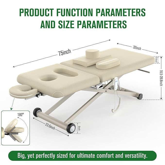 Electric Massage Table, Electric Lift Motor Height adjustable and Manual Backrest Adjustable Angle for Treatment/Medical Spa/Facial Bed/Beauty Bed/Massage Bed and More - 32 Wide x 75 Long - Beige Gray