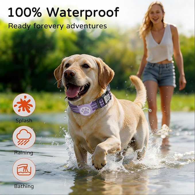 Waterproof AirTag Dog Collar with QR Code Dog Tag, Purple M | IP68 waterproof, QR code dog tag, Anti-Lost, Online profile, fits XS-L (8"-26"), Padded nylon, Reflective, No App, No Fees