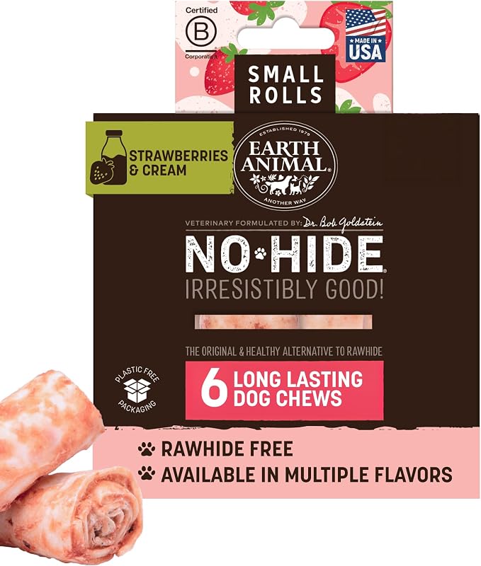 Earth Animal No Hide Dog Chews - Small Rolls 6 Count Strawberries & Cream | Small Rolls Strawberries & Cream Flavored Natural Rawhide Free Long Lasting Dog Chews - Pet Treats for Small Dogs