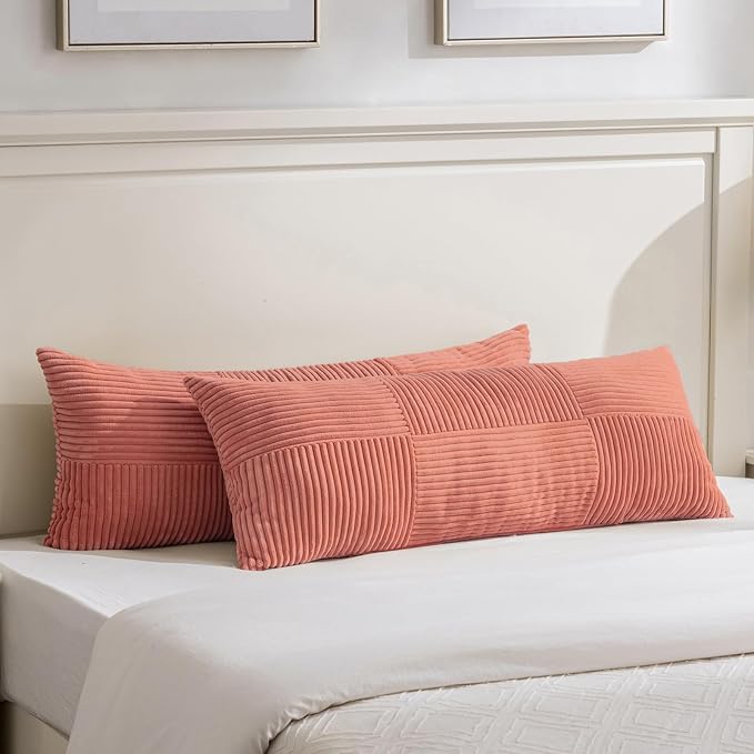 Fancy Homi Set of 1 Coral Boho Long Lumbar Body Decorative Throw Pillow Cover 14x36 Inch for Bed Couch Bedroom Bench, Soft Patchwork Corduroy Textured Pillow Case, Rustic Farmhouse Room Decor