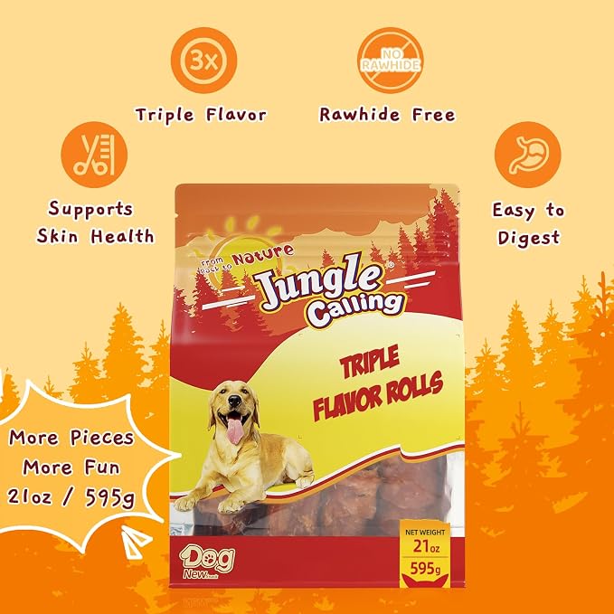 Jungle Calling 21 oz Triple Flavor Rolls, Chicken Duck & Beef, High Protein | Rawhide Free Treat for Small, Medium & Large Breeds, Limited Ingredient Chews Perfect for Daily Reward, Easily Digestible