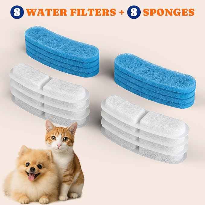 Pawtners 8 Pack Replacement Filters for STR-PT-108A Pumpless Cat Fountain | Multi-Layer Filtration, Cat/Dog Fountain Filter Complete Kit with 8 Filters & 8 Sponges