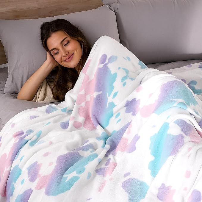Cozy Bliss Cow Print Fuzzy Throw Blanket for Couch - Thick Soft Warm Non Shedding Fleece Blankets for Western Décor Room, for Kids, Women Men Girls, Rainbow 50"*60"