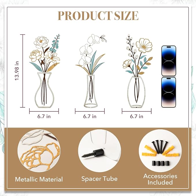 CarryWise 3 Piece Metal Flower Wall Art for Bedroom Living Room, Flower Blue gold
