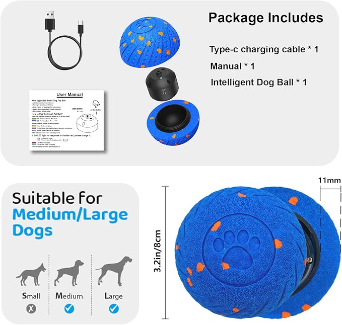 Interactive Dog Toys Smart Dog Ball for Aggressive Chewers Auto Bounce Blue