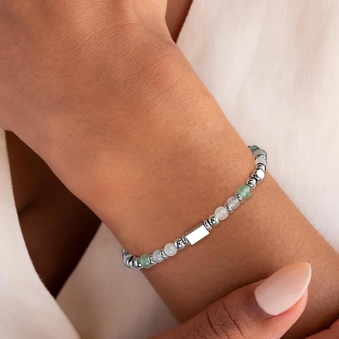 Natural Healing Crystal Bracelet for Women, Triple Protection Anxiety Relief New Beginnings Good Luck Empath Protection Jewelry Gift for Friends Daughter Mom 6.5+1.8 Inches