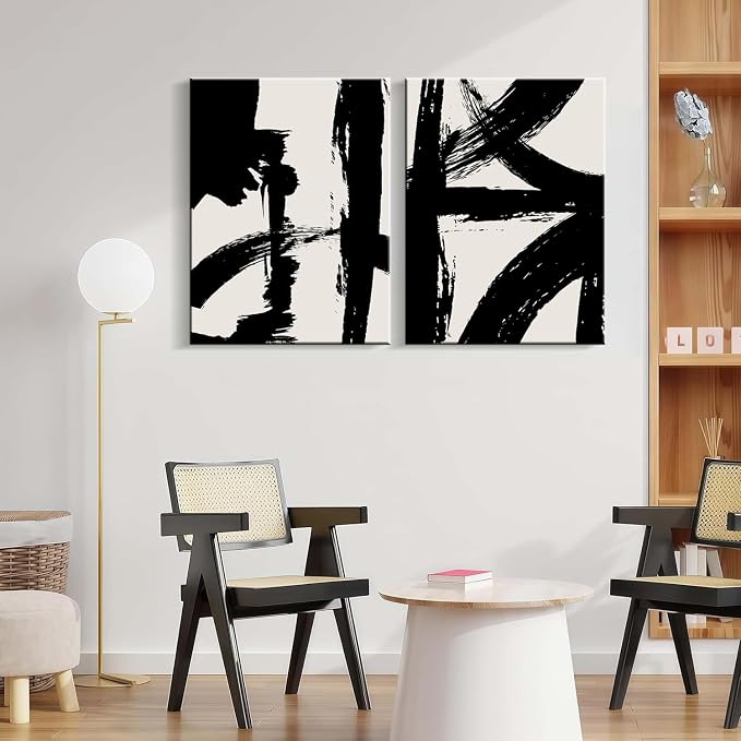 2Pcs Framed Abstract Black and White Canvas Wall Art Minimalist Brushstroke Line Prints Modern Home Gallery Style Painting Posters Picture Bedroom Living Room Office 16x24 Inch Ready to Hang