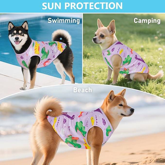KYEESE 2Pack Dog Shirt, Lightweight Sun Protection Dog T Shirts for Small Dogs Boy Girl, Breathable Mesh Tank Top Sleeveless Pet Reflective Vest, Soft Summer Dogs Clothes, Dinosaur+Purple, M