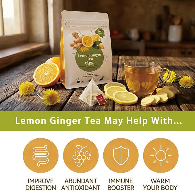 Samcci - Lemon Ginger Tea Bags, 50 Teabags - Great Hot or Iced – Aromatic, Natural, Pleasantly Spicy & Warming - Non-GMO - Caffeine-free - Support Healthy Digestion & Boost Immunity