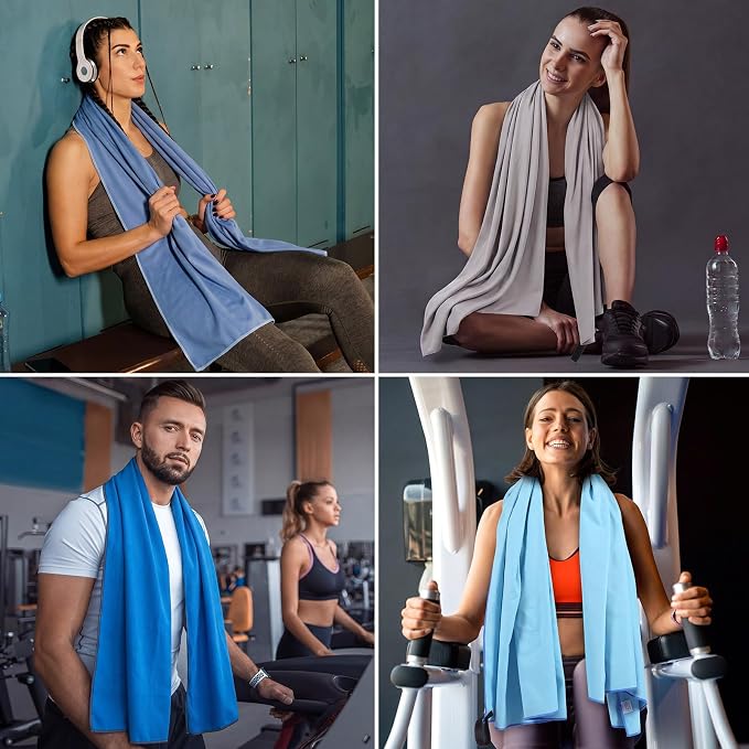 Mixweer 4 Pack Gym Microfiber Bath Towels 63"x32" Extra Large Shower Towel Lightweight Oversized Fast Drying Bathtowel for Gym Sports Travel Camping(Sky and Royal Blue, Gray, Lake Blue)