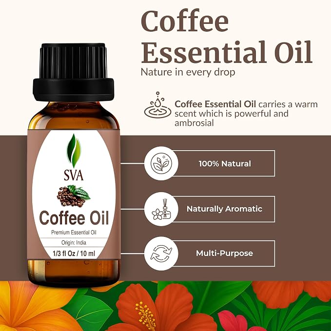 SVA Coffee Essential Oil 1/3 Fl Oz – for Diffuser, Skin & Hair Care – Ideal for Massage & DIY Blends – with Dropper