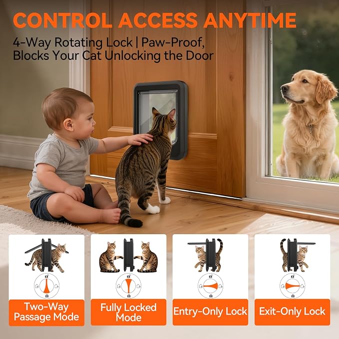 LIBBEPET Cat Door Interior Door, 4 Way Rotating Lock for Cats ≤18 lbs，Large | Reinforced ABS Frame, Magnetic Auto-Reset Flap, Weatherproof Brush Strips, Fit for Interior and Exterior Doors 1.3"-2" Thick