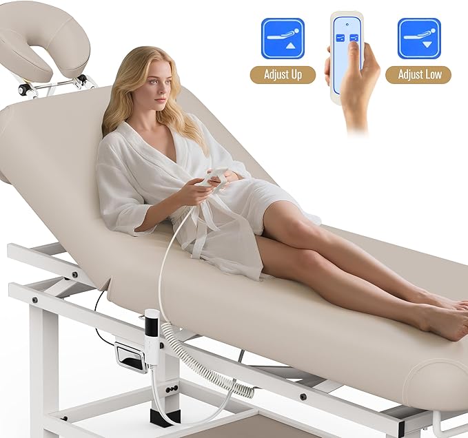 Heating Function 30 Wide x 75 Long Heavy Duty Electric Stationary Massage Table with Backrest Adjustable and Storage Space for Treatment/Medical Spa/Facial/Beauty/Massage Bed and More - Beige Gray